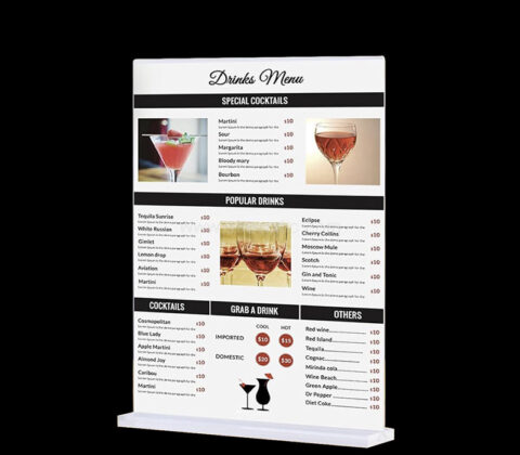 Custom acrylic T shape drink menu holder
