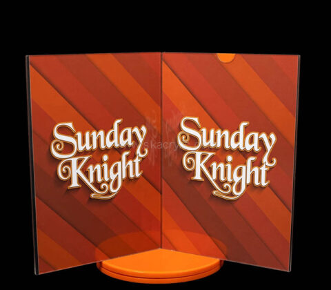 Custom acrylic 3 sides rotating sign holder with round base