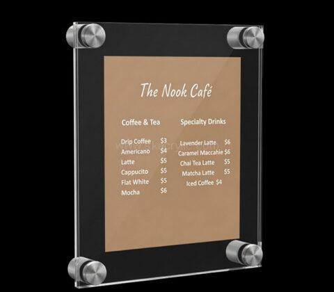 Custom acrylic wall mounted coffee shop menu holder